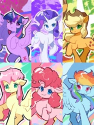 Size: 1620x2160 | Tagged: safe, artist:lendftcn, applejack, fluttershy, pinkie pie, rainbow dash, rarity, twilight sparkle, alicorn, earth pony, pegasus, pony, unicorn, g4, chest fluff, female, floppy ears, group, looking at you, mane six, mare, raised hoof, rearing, sextet, smiling, smiling at you, spread wings, twilight sparkle (alicorn), wings