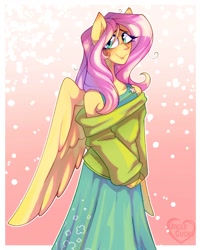 Size: 1200x1500 | Tagged: safe, artist:unclecucky, fluttershy, pegasus, anthro, g4, clothes, dress, female, gradient background, human facial structure, looking at you, off shoulder, off shoulder sweater, smiling, smiling at you, solo, sweater