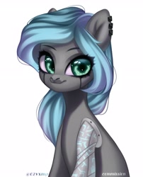 Size: 2484x3081 | Tagged: safe, artist:02vxmp, oc, oc only, cyborg, cyborg pony, pony, amputee, cybernetic eyes, ear piercing, earring, eye clipping through hair, high res, jewelry, looking at you, piercing, prosthetic limb, prosthetics, simple background, solo, white background