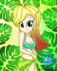 Size: 2015x2490 | Tagged: safe, artist:rjp.rammy, oc, oc only, oc:angelina moonlight, human, equestria girls, g4, bare shoulders, belly button, bikini, breasts, cleavage, clothes, cute, female, high res, light skin, looking at you, ocbetes, reasonably sized breasts, sarong, skirt, sleeveless, smiling, smiling at you, solo, swimsuit