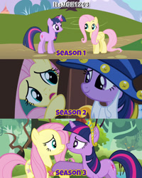 Size: 2458x3072 | Tagged: safe, edit, edited screencap, editor:itsmgh1203, screencap, fluttershy, twilight sparkle, pegasus, pony, unicorn, friendship is magic, g4, keep calm and flutter on, luna eclipsed, season 1, season 2, season 3, big crown thingy, clothes, cosplay, costume, duo, duo female, element of kindness, element of magic, female, frown, high res, jewelry, mare, night, nightmare night costume, open mouth, regalia, smiling, star swirl the bearded costume, text, twilight the bearded, unicorn twilight