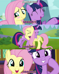 Size: 2458x3072 | Tagged: safe, edit, edited screencap, editor:itsmgh1203, screencap, fluttershy, twilight sparkle, alicorn, pegasus, pony, flutter brutter, g4, it ain't easy being breezies, season 4, season 5, season 6, the hooffields and mccolts, ^^, blushing, cute, duo, duo female, eyes closed, female, glowing cutie mark, grin, high res, hug, mare, open mouth, open smile, shyabetes, smiling, text, twiabetes, twilight sparkle (alicorn), twilight's castle