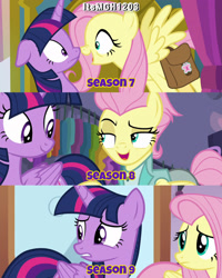 Size: 2458x3072 | Tagged: safe, edit, edited screencap, editor:itsmgh1203, screencap, fluttershy, twilight sparkle, alicorn, pegasus, pony, a health of information, fake it 'til you make it, g4, season 7, season 8, season 9, the beginning of the end, alternate hairstyle, bag, duo, duo female, eyebrows, female, frown, high res, mare, open mouth, open smile, raised eyebrow, saddle bag, severeshy, smiling, spread wings, text, twilight sparkle (alicorn), twilight's castle, wings