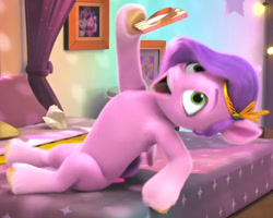 Size: 1032x827 | Tagged: safe, screencap, pipp petals, zipp storm, pegasus, pony, a little horse, g5, my little pony: make your mark, my little pony: make your mark chapter 4, spoiler:g5, bedroom, cellphone, chest fluff, cropped, curtains, female, filly, filly pipp petals, filly zipp storm, lights, mare, phone, picture frame, pose, sick, solo, younger