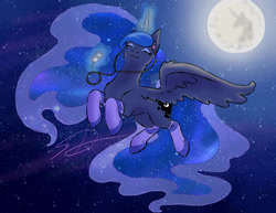 Size: 2048x1583 | Tagged: safe, artist:frozen-fortune, princess luna, alicorn, pony, g4, clothes, earbuds, eyes closed, female, flying, full moon, glowing, glowing horn, happy, horn, ipod, levitation, magic, mare, mare in the moon, moon, night, socks, solo, spread wings, stars, telekinesis, wings
