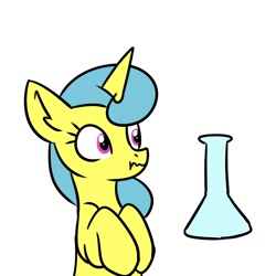 Size: 2000x2000 | Tagged: safe, artist:rusfag, lemon hearts, pony, unicorn, g4, female, flask, flaskhead hearts, high res, looking at something, mare, moments before disaster, simple background, solo, white background