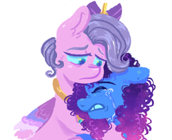 Size: 760x619 | Tagged: safe, artist:kreeeeeez, derpibooru exclusive, misty brightdawn, queen haven, pegasus, pony, unicorn, g5, adorahaven, comforting, crown, crying, cute, duo, duo female, eyes closed, female, folded wings, freckles, frown, gritted teeth, hug, jewelry, lineless, looking at someone, mare, mistybetes, rebirth misty, regalia, sad, sadorable, simple background, teeth, white background, wings
