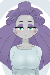 Size: 1668x2496 | Tagged: safe, artist:batipin, maud pie, human, equestria girls, g4, abstract background, big breasts, blushing, breasts, busty maud pie, female, forehead, looking at you, solo, windswept hair