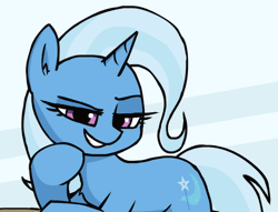 Size: 786x600 | Tagged: safe, artist:plunger, trixie, pony, unicorn, art pack:futa trixie artpack, g4, animated, cropped, cropped porn, dreamworks face, grin, lidded eyes, simple background, smiling, smug, solo, table, tail, two toned tail, white background