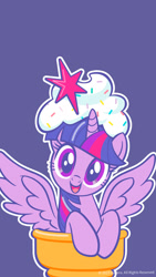 Size: 1080x1920 | Tagged: safe, twilight sparkle, alicorn, pony, g4, official, cute, female, food, happy, ice cream, ice cream cone, looking at you, mare, open mouth, open smile, phone wallpaper, ponified, purple, simple background, smiling, smiling at you, solo, sprinkles, twiabetes, twilight sparkle (alicorn)