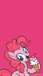 Size: 1080x1920 | Tagged: safe, pinkie pie, earth pony, pony, g4, official, female, food, ice cream, licking, mare, open mouth, open smile, phone wallpaper, pink, pink background, simple background, smiling, solo, tongue out