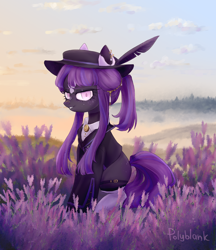 Size: 2728x3157 | Tagged: safe, artist:polyblank, oc, oc:ester scintillia, earth pony, pony, clothes, commission, evening, female, field, high res, lavender, looking at you, mare, smiling, solo