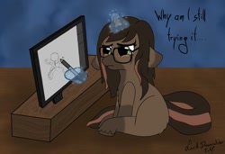 Size: 1280x876 | Tagged: safe, artist:lucill-dreamcatcher, oc, pony, unicorn, computer, magic, pen, sad, solo, telekinesis