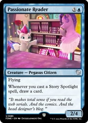 Size: 375x523 | Tagged: safe, edit, edited screencap, screencap, pipp petals, zipp storm, pegasus, pony, a little horse, g5, my little pony: make your mark, my little pony: make your mark chapter 4, spoiler:g5, book, bookshelf, ccg, duo, female, magic the gathering, mare, royal sisters (g5), siblings, sisters, trading card, trading card edit, trading card game