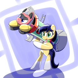 Size: 5500x5500 | Tagged: safe, artist:trackheadtherobopony, oc, oc only, oc:trackhead, oc:twostep, earth pony, pony, robot, robot pony, :3, bipedal, duo, rocket launcher, tongue out, weapon