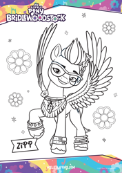 Size: 2480x3509 | Tagged: safe, zipp storm, pegasus, pony, g5, official, bridlewoodstock, coloring page, flower, high res, my little pony logo, name, sunglasses