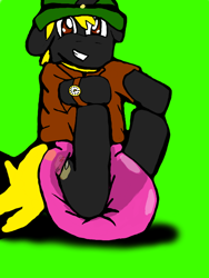 Size: 512x680 | Tagged: safe, artist:cavewolfphil, oc, oc:gold rush, pony, unicorn, clothes, cute, diaper, diaper fetish, diapered, fetish, green background, hat, inflatable diaper, jacket, lime background, male, non-baby in diaper, outfit, pink diaper, shirt, simple, simple background, sitting, stallion, watch