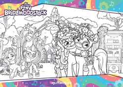Size: 3509x2480 | Tagged: safe, izzy moonbow, pipp petals, sunny starscout, zipp storm, earth pony, pegasus, pony, unicorn, g5, official, background pony hitch, bridlewood, bridlewoodstock, coloring page, cute, flower, glasses, high res, mane stripe sunny, royal sisters (g5), royalty, siblings, sisters, tree