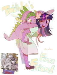 Size: 1900x2500 | Tagged: safe, artist:pelma, spike, twilight sparkle, human, g4, clothes, costume, cute, daaaaaaaaaaaw, dress, duo, female, happy, hat, humanized, male, one eye closed, open mouth, piggyback ride, simple background, smiling, spikabetes, text, twiabetes, white background, wink