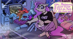 Size: 1472x784 | Tagged: safe, artist:thaspiciest, fluttershy, rainbow dash, pegasus, anthro, g4, clothes, cloven hooves, drugs, duo, ear piercing, fluttergoth, folded wings, lying down, marijuana, piercing, red eyes, sitting, smoking, television, text, wings