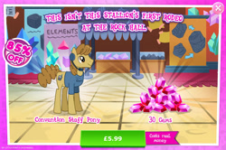 Size: 1958x1301 | Tagged: safe, gameloft, walky taffy, earth pony, pony, g4, my little pony: magic princess, official, advertisement, clothes, costs real money, earpiece, english, gem, introduction card, male, mobile game, numbers, sale, shirt, solo, stallion, text