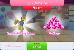 Size: 1266x860 | Tagged: safe, gameloft, walky taffy, earth pony, pony, g4, my little pony: magic princess, official, bundle, clothes, costs real money, earpiece, english, gem, male, mobile game, numbers, sale, shirt, solo, stallion, text