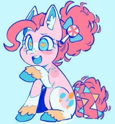 Size: 944x1020 | Tagged: safe, artist:5tell4r, pinkie pie, earth pony, pony, g4, alternate design, alternate hairstyle, blaze (coat marking), blue background, blue tongue, candy, candy in hair, coat markings, colored ear fluff, colored eartips, colored hooves, colored mouth, colored pinnae, colored pupils, colorful, facial markings, food, freckles, heart, heart eyes, no shading, raised hoof, redesign, simple background, sitting, socks (coat markings), solo, unshorn fetlocks, wingding eyes