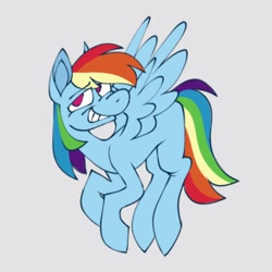 Size: 1000x1000 | Tagged: safe, artist:partyponypower, rainbow dash, pegasus, pony, g4, flying, gray background, simple background, smiling, solo, spread wings, wings