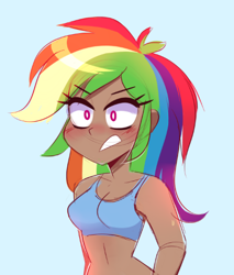 Size: 410x481 | Tagged: safe, artist:darkynez, rainbow dash, human, g4, bare shoulders, blue background, blushing, breasts, busty rainbow dash, eyebrows, eyebrows visible through hair, female, humanized, midriff, moderate dark skin, simple background, sketch, sleeveless, solo, top
