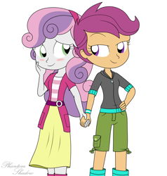 Size: 3800x4000 | Tagged: safe, artist:phantomshadow051, scootaloo, sweetie belle, human, equestria girls, g4, blushing, duo, duo female, female, hand on cheek, high res, holding hands, lesbian, looking at each other, looking at someone, ship:scootabelle, shipping, signature, simple background, white background