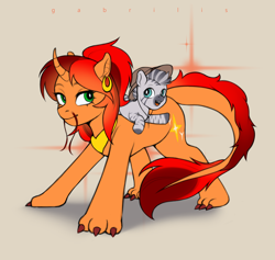 Size: 1488x1408 | Tagged: safe, artist:gabrilis, oc, oc:cornflake, oc:polina star, pony, unicorn, zebra, ear piercing, foal, hat, horn, jewelry, leonine tail, necklace, paws, piercing, smol, stars, tail