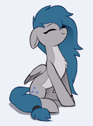 Size: 1400x1900 | Tagged: safe, artist:luminousdazzle, oc, oc only, oc:gloomy, pegasus, pony, chest fluff, colored sketch, doodle, eyes closed, female, floppy ears, freckles, long mane, mare, pale belly, pegasus oc, simple background, sitting, sketch, solo, white background