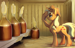 Size: 3436x2198 | Tagged: safe, artist:mithriss, applejack, earth pony, pony, g4, alcohol, bottle, cider, clothes, drink, ear fluff, female, gloves, green eyes, hangar, hat, hay, high res, inflation, mare, salute, silly, silly pony, solo, tail