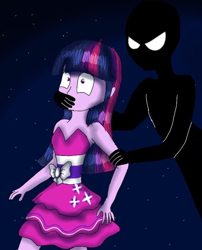 Size: 1236x1529 | Tagged: safe, artist:artsymlp12, twilight sparkle, human, equestria girls, g4, bare shoulders, clothes, dress, fall formal outfits, gagging, hand over mouth, legs, silhouette, sleeveless, sleeveless dress, strapless, strapless dress, touching arm