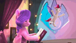 Size: 1920x1084 | Tagged: safe, screencap, misty brightdawn, pipp petals, zipp storm, pegasus, pony, unicorn, a little horse, g5, my little pony: make your mark, my little pony: make your mark chapter 4, spoiler:g5, spoiler:my little pony: make your mark, spoiler:my little pony: make your mark chapter 4, spoiler:mymc04e06, animated, bed, bedroom, book, curtains, female, flying, mare, pillow, reading, sick, sound, stained glass, webm, window