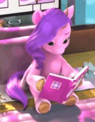 Size: 412x532 | Tagged: safe, screencap, pipp petals, pegasus, pony, a little horse, g5, my little pony: make your mark, my little pony: make your mark chapter 4, spoiler:g5, spoiler:my little pony: make your mark, spoiler:my little pony: make your mark chapter 4, spoiler:mymc04e06, animated, blinking, book, cropped, female, gif, mare, reading, solo, stained glass