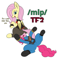 Size: 3684x3794 | Tagged: safe, artist:wapamario63, fluttershy, pinkie pie, earth pony, pegasus, pony, g4, /mlp/ tf2 general, butt, dialogue, faceful of ass, facesitting, female, heavy weapons guy, high res, i'm a year older than you, mare, plot, pyro (tf2), simple background, team fortress 2, text, transparent background
