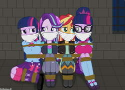 Size: 1920x1372 | Tagged: safe, artist:robukun, sci-twi, starlight glimmer, sunset shimmer, twilight sparkle, human, equestria girls, g4, bondage, bound and gagged, cloth gag, damsel in distress, dungeon, gag, help us, kidnapped, rope, rope bondage, tied up, twolight