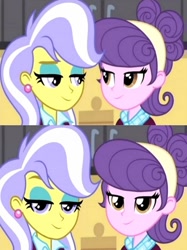 Size: 516x690 | Tagged: safe, screencap, suri polomare, upper crust, human, acadeca, equestria girls, g4, my little pony equestria girls: friendship games, bust, devious, duo, duo female, ear piercing, eyebrows, eyeshadow, female, headband, lidded eyes, looking at camera, makeup, piercing, smiling, smirk