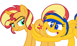 Size: 1062x640 | Tagged: safe, artist:shieldwingarmorofgod, sunset shimmer, oc, oc:flare spark, pegasus, pony, unicorn, g4, shadow play, butt, butt focus, butt touch, butthug, female, hug, lesbian, pinkie hugging applejack's butt, plot, ship:flareset, shipping, simple background, smiling, white background