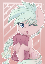 Size: 1668x2388 | Tagged: safe, artist:inlaru, oc, oc only, oc:mint candy, earth pony, pony, abstract background, bust, digital art, happy, one eye closed, pink, portrait, simple background, solo, stars, tongue out, wink