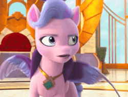 Size: 1080x822 | Tagged: safe, screencap, queen haven, pegasus, pony, a little horse, g5, my little pony: make your mark, my little pony: make your mark chapter 4, spoiler:g5, spoiler:my little pony: make your mark, spoiler:my little pony: make your mark chapter 4, spoiler:mymc04e06, adorahaven, angry, animated, backing away, crown, cute, defensive, female, frustrated, gif, jewelry, mare, queen haven is not amused, regalia, shuffle, solo, spread wings, throne room, unamused, wings