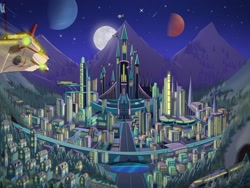 Size: 2700x2025 | Tagged: safe, artist:devillustart, airship, castle, city, cityscape, high res, mountain, mountain range, prisoners of the moon, scenery, science fiction