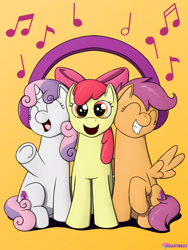 Size: 1500x1995 | Tagged: safe, artist:passionpanther, apple bloom, scootaloo, sweetie belle, earth pony, pegasus, pony, unicorn, series:ponies with headphones, g4, apple bloom's bow, bow, cute, cutie mark crusaders, design, eyes closed, female, filly, foal, grin, hair bow, happy, headphones, hearing, listening, listening to music, looking at you, music, music notes, open mouth, open smile, raised leg, sharing, sharing headphones, shirt design, singing, smiling, spread wings, underhoof, vibing, wings