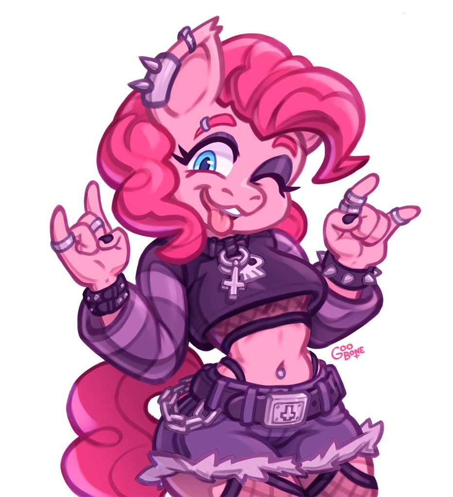 [anthro,belly button,breasts,clothes,cross,earth pony,eyeshadow,female,fishnets,jewelry,looking at you,makeup,midriff,piercing,pinkie pie,punk,ring,safe,shorts,simple background,solo,underboob,white background,tongue out,inverted cross,ear piercing,one eye closed,wristband,spiked wristband,belly piercing,artist:goobone]
