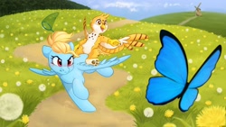 Size: 3840x2160 | Tagged: safe, artist:melodylibris, oc, oc only, oc:beaky, oc:brave blossom, butterfly, griffon, pegasus, pony, butterfly net, duo, female, flower, flower field, griffon oc, griffons riding ponies, high res, mare, meadow, pointing, riding, running, scenery, spread wings, windmill, wings
