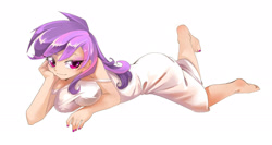 Size: 2048x1092 | Tagged: source needed, safe, artist:power of justice!sans, amethyst star, sparkler, human, g4, bare shoulders, barefoot, breasts, busty amethyst star, cleavage, clothes, cute, feet, female, humanized, looking at you, nail polish, nightgown, pajamas, pose, simple background, sleeveless, solo, the pose, white background