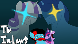 Size: 1920x1080 | Tagged: safe, artist:yamston, night light, twilight sparkle, twilight velvet, oc, oc:lance greenfield, pony, unicorn, zebra, fanfic:living the dream, g4, canon x oc, cover art, family, fanfic art, female, frown, glowing, glowing eyes, heterochromia, lens flare, male, mare, open mouth, red and black mane, red eyes, red stripes, scared, stallion, two toned mane, unicorn twilight, zebra oc