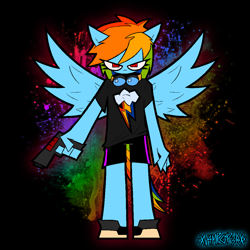 Size: 2188x2188 | Tagged: safe, artist:xxv4mp_g4z3rxx, rainbow dash, pegasus, pony, anthro, g4, blood, clothes, eye clipping through hair, goggles, gun, handgun, high res, looking at you, multicolored hair, pistol, rainbow blood, rainbow hair, rainbow tail, red eyes, shirt, shoes, shorts, signature, solo, sports shorts, spread wings, standing, t-shirt, tail, weapon, wings