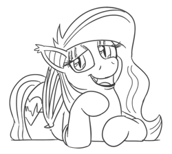 Size: 658x589 | Tagged: safe, artist:jargon scott, oc, oc only, oc:arrhythmia, bat pony, pony, bat pony oc, black and white, chubby, eyeshadow, female, grayscale, hoof on chin, lidded eyes, looking at you, makeup, mare, monochrome, open mouth, open smile, plump, simple background, smiling, smiling at you, solo, white background
